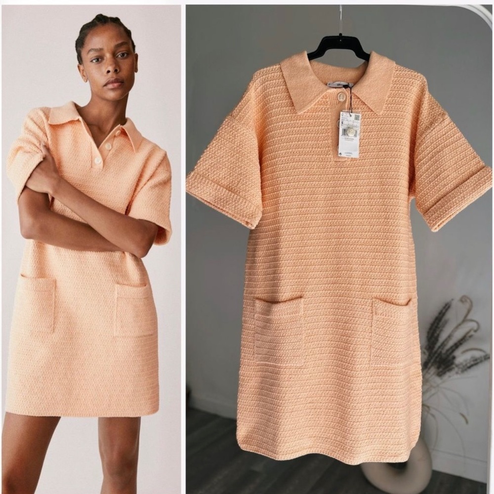 NWT Mango knit dress collar mini orange grapefruit Small S